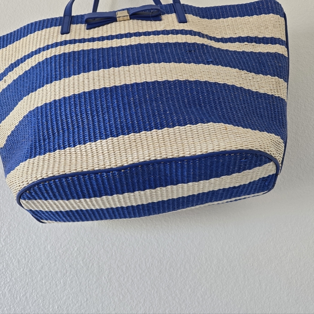 New Kate Spade Wicklow Court Anabette Striped Straw Tote Bag Beige Azure Blue - Picture 4 of 16